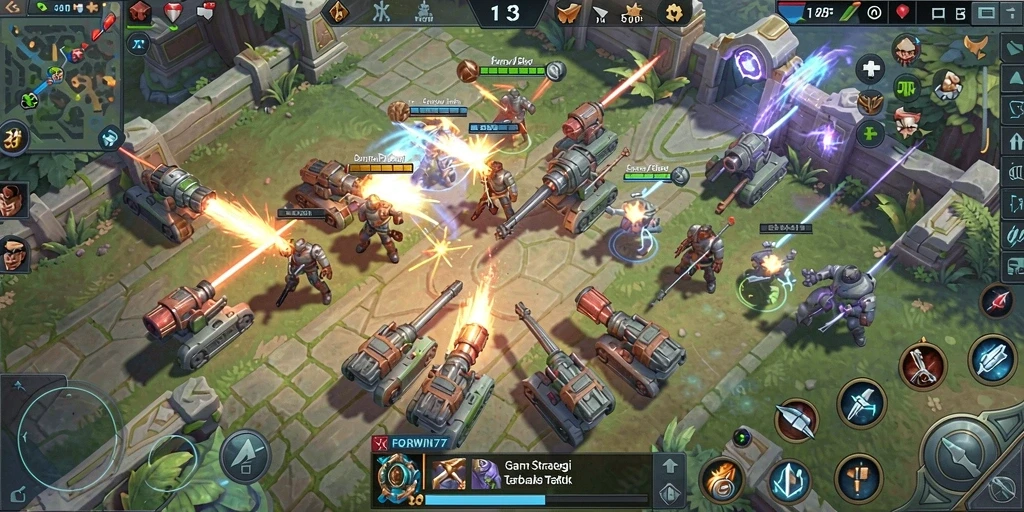 Tampilan gameplay FORWIN77 dengan pertempuran strategi yang mendebarkan.