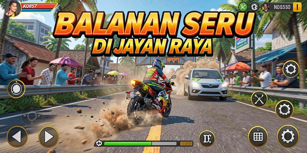 Tangkapan layar gameplay KO857 menampilkan aksi balapan mendebarkan.