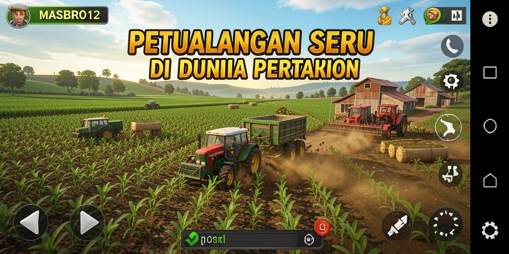 Screenshot gameplay MASBRO12 menampilkan ladang hijau yang subur dan hewan ternak.