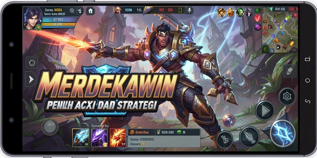 Tampilan gameplay MERDEKAWIN yang penuh aksi dalam pertempuran.