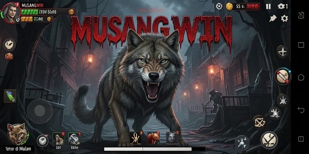 Tampilan gameplay <strong>MUSANGWIN</strong> yang menegangkan dalam suasana horror.