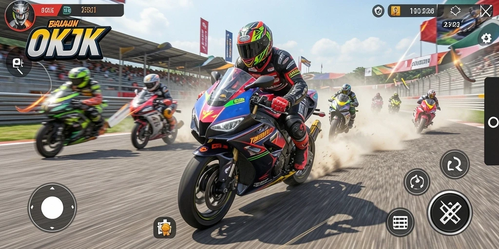 Tangkapan layar gameplay OKJK menampilkan balapan motor yang intens dan menantang.