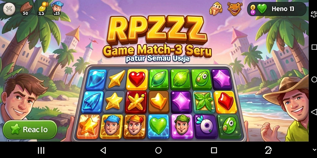Screenshot gameplay RPZZZ menampilkan kecocokan item yang ceria dan penuh warna.